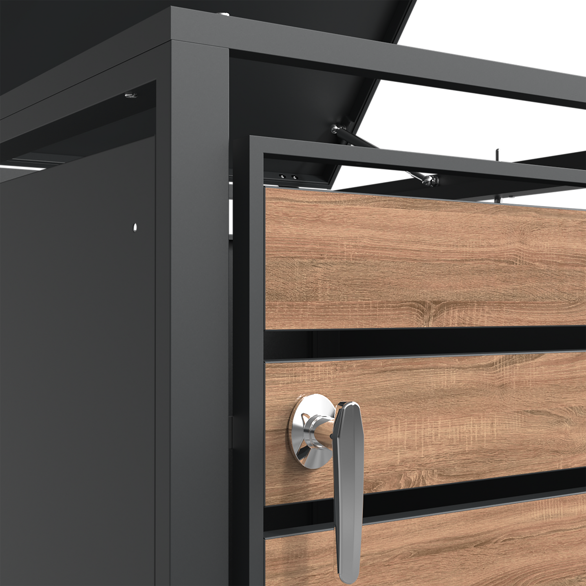 Ecoscape Bin Storage technical detail – Lid Woodgrain and Charcoal handle close-up