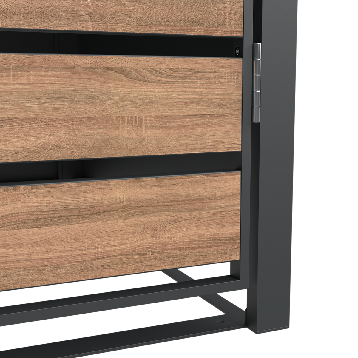 Ecoscape Bin Storage technical detail – Lid Woodgrain and Charcoal hinge close-up