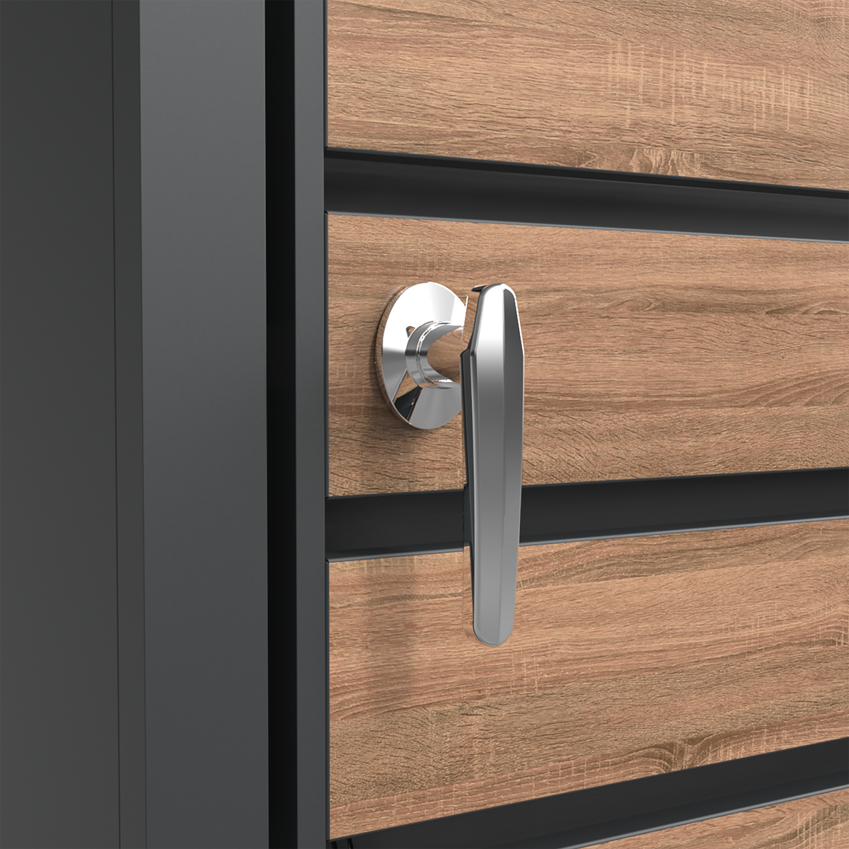 Ecoscape Bin Storage technical detail – Planter Woodgrain and Charcoal handle close-up