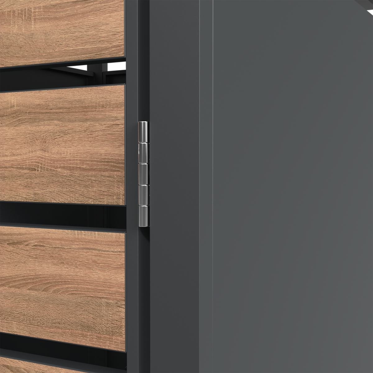 Ecoscape Bin Storage technical detail – Planter Woodgrain and Charcoal hinge close-up