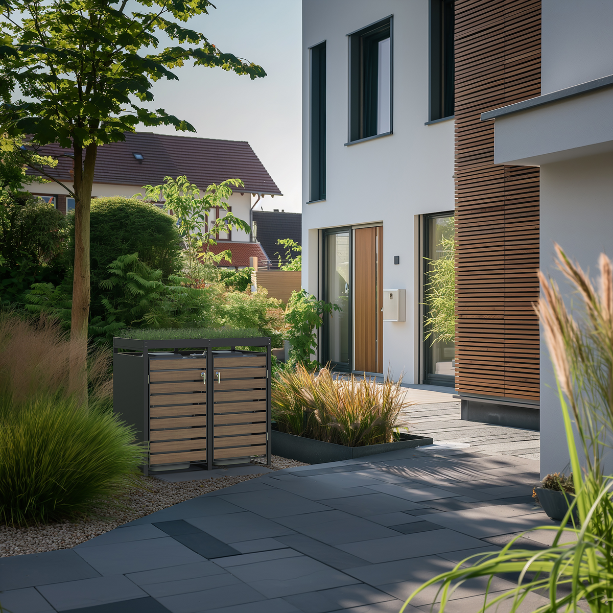 Ecoscape Double Bin Storage with Planter in Woodgrain and Charcoal in an outdoor setting
