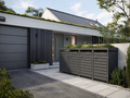 Ecoscape Quadruple Bin Storage with Planter in Charcoal in an outdoor setting