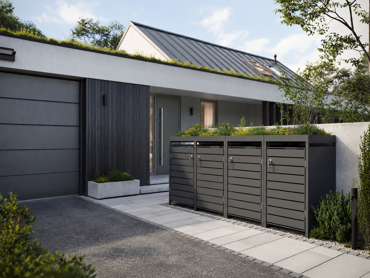 Ecoscape Quadruple Bin Storage with Planter in Charcoal in an outdoor setting