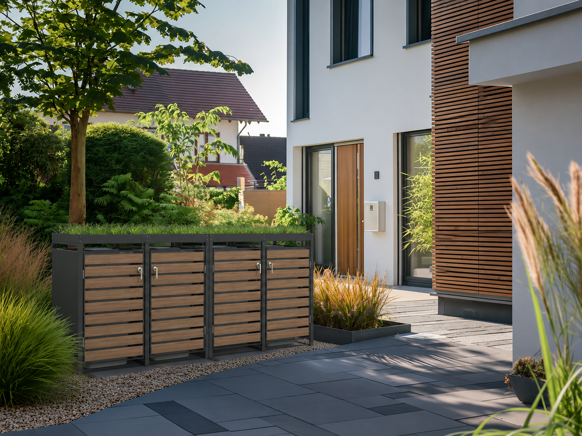 Ecoscape Quadruple Bin Storage with Planter in Woodgrain and Charcoal in an outdoor setting