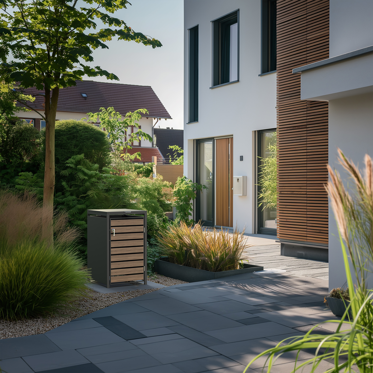 Ecoscape Single Bin Storage with Lid in Woodgrain and Charcoal in an outdoor setting